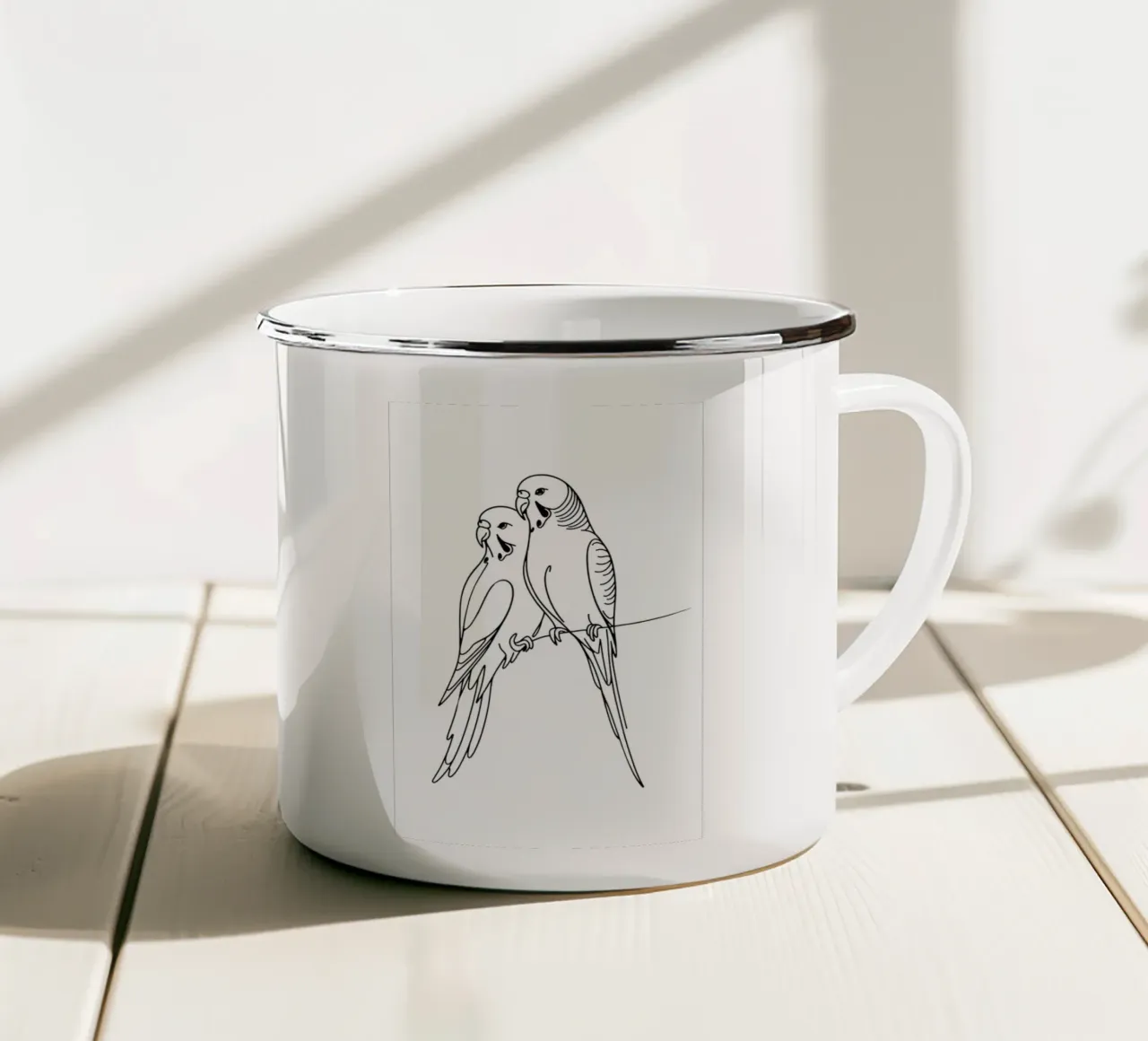 Disegno d'arte lineare di un uccello parrocchetto tazza in smalto da WijdevenDesign