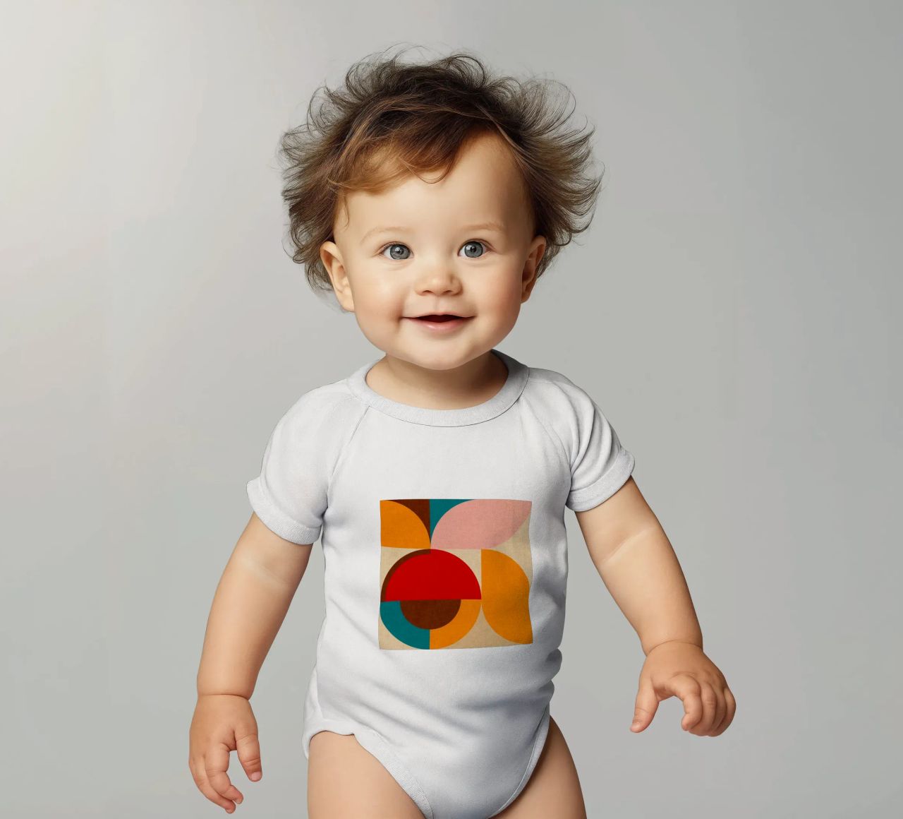 Playful Mid Mod Geometry • Warm Textured Autumnal short-sleeve baby romper by Dominique Vari Abstract