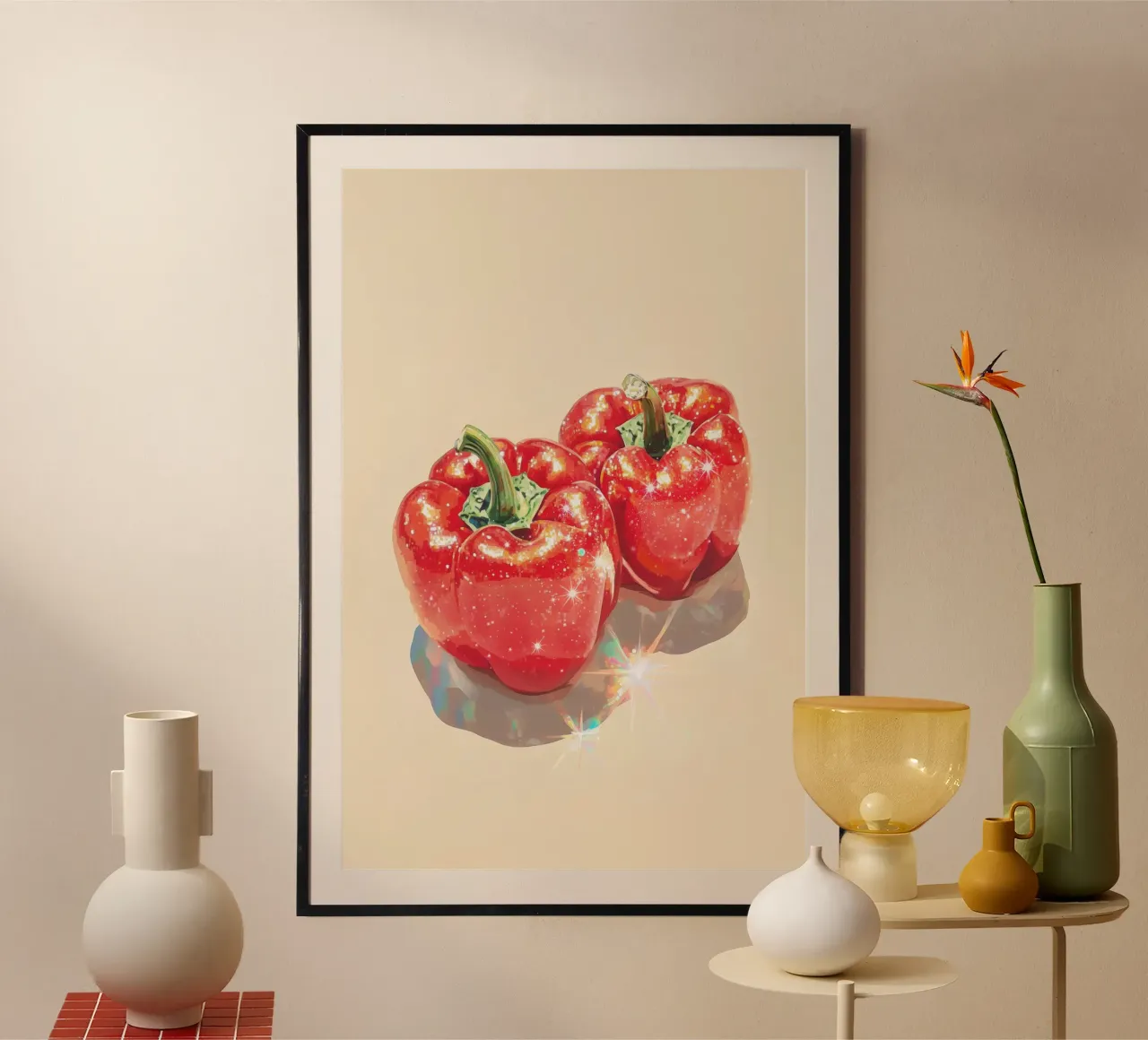 Peperoni rossi frizzanti poster con telaio in alluminio da Melloi Art Print