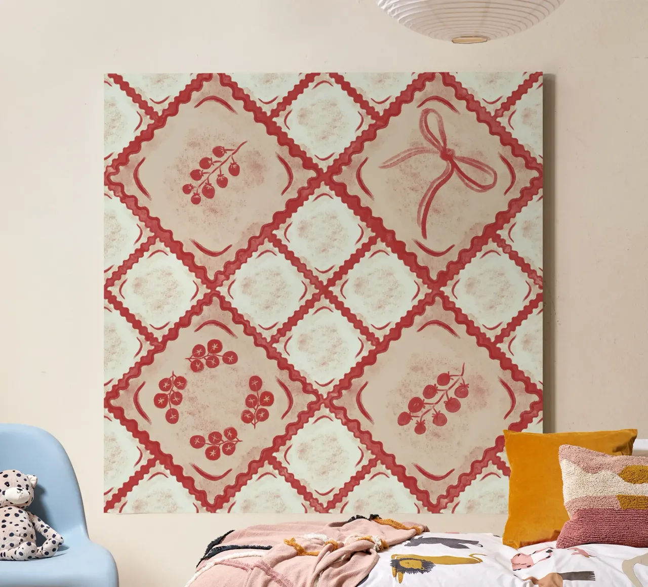 Ravioli Pomodoro Pattern tela con Cornice a cassetta da anisillustration