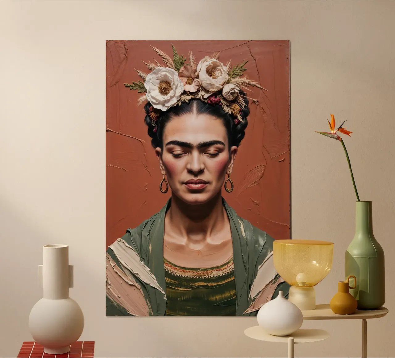 Frida Kahlo - Texturierte Porträtkunst, Boho-Wanddekoration Poster von AlbertKlee