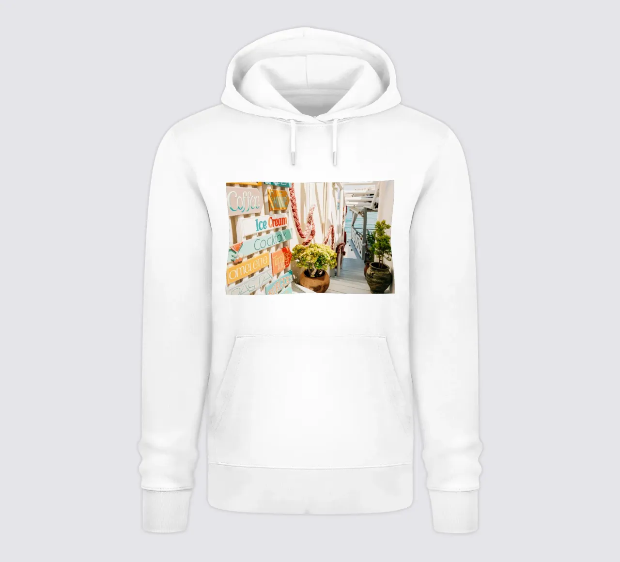 Stairway to the sea with colourful signs - Crete, Greece hoodie by Bold and Retro