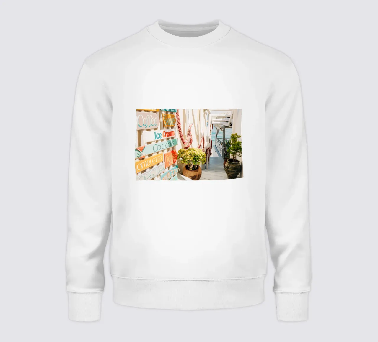 Stairway to the sea with colourful signs - Crete, Greece sweatshirt by Bold and Retro