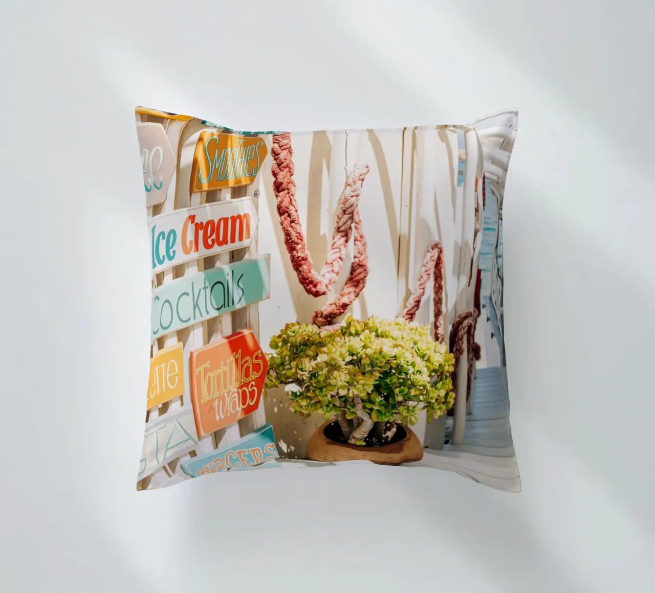 Stairway to the sea with colourful signs - Crete, Greece decorative cushion by Bold and Retro