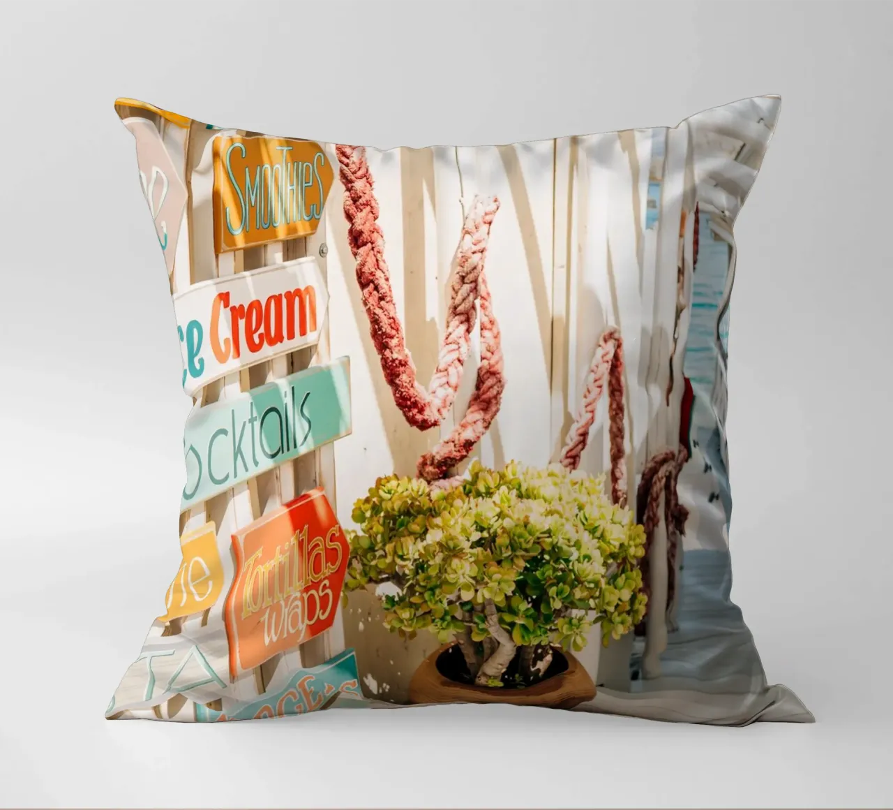 Stairway to the sea with colourful signs - Crete, Greece decorative cushion by Bold and Retro
