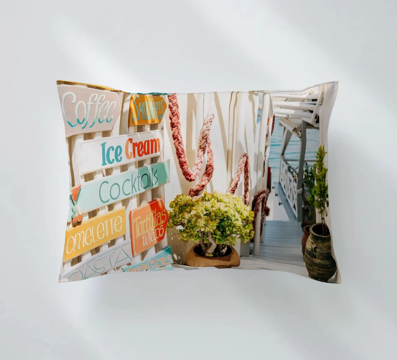Stairway to the sea with colourful signs - Crete, Greece decorative cushion by Bold and Retro