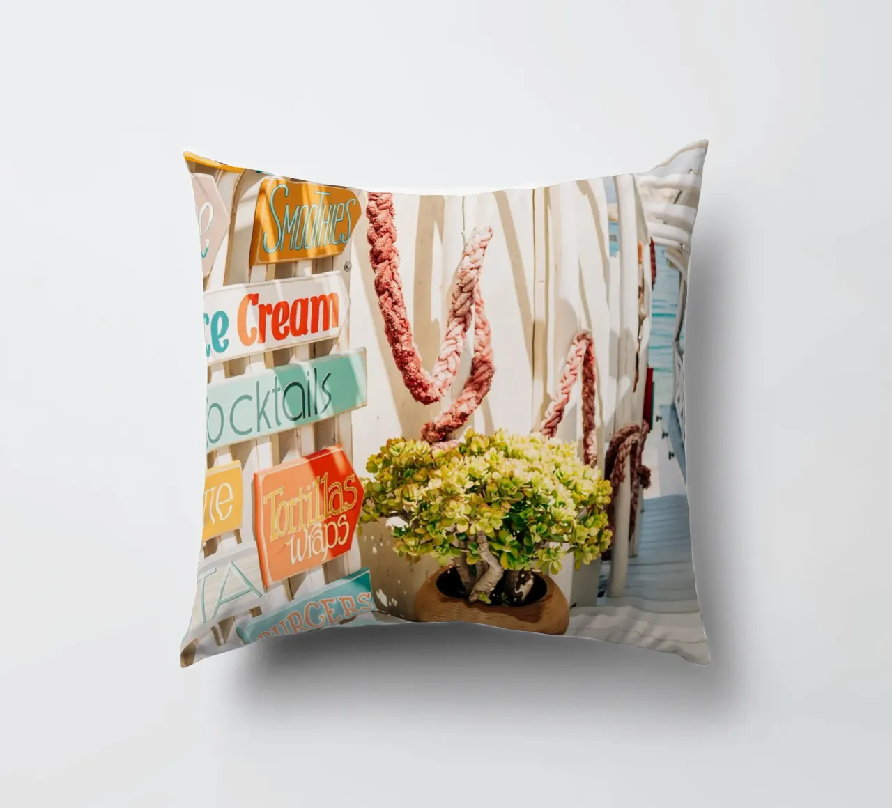 Stairway to the sea with colourful signs - Crete, Greece decorative cushion by Bold and Retro