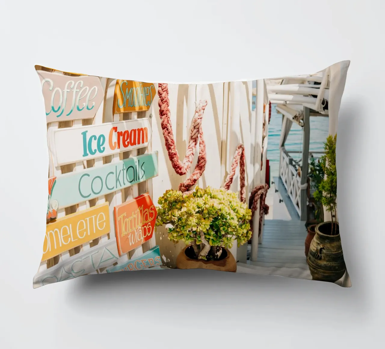 Stairway to the sea with colourful signs - Crete, Greece decorative cushion by Bold and Retro