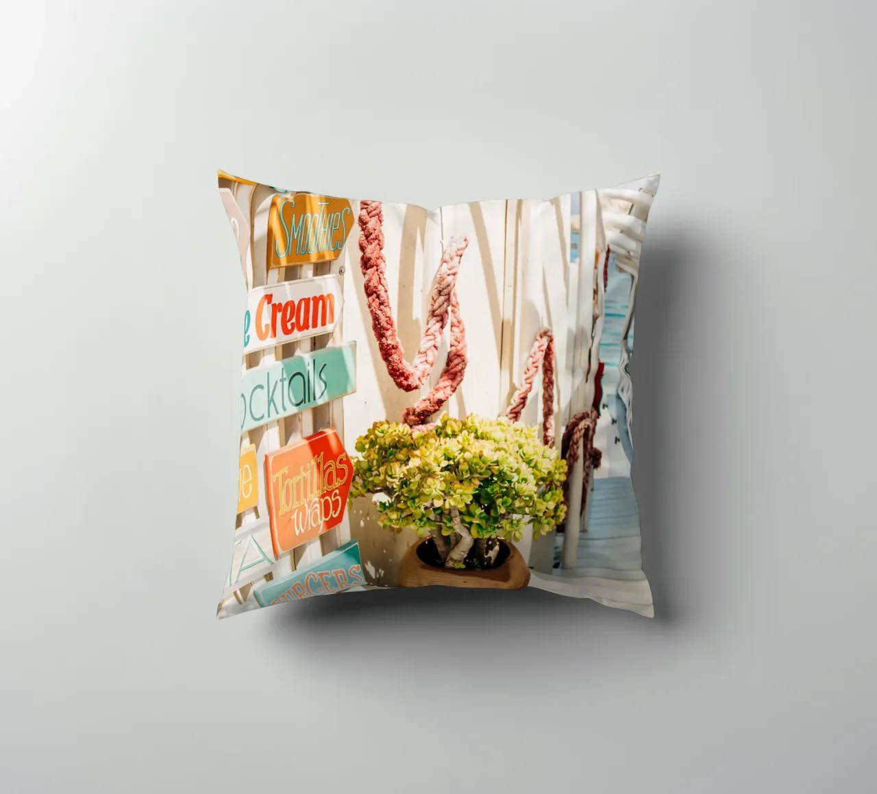 Stairway to the sea with colourful signs - Crete, Greece decorative cushion by Bold and Retro
