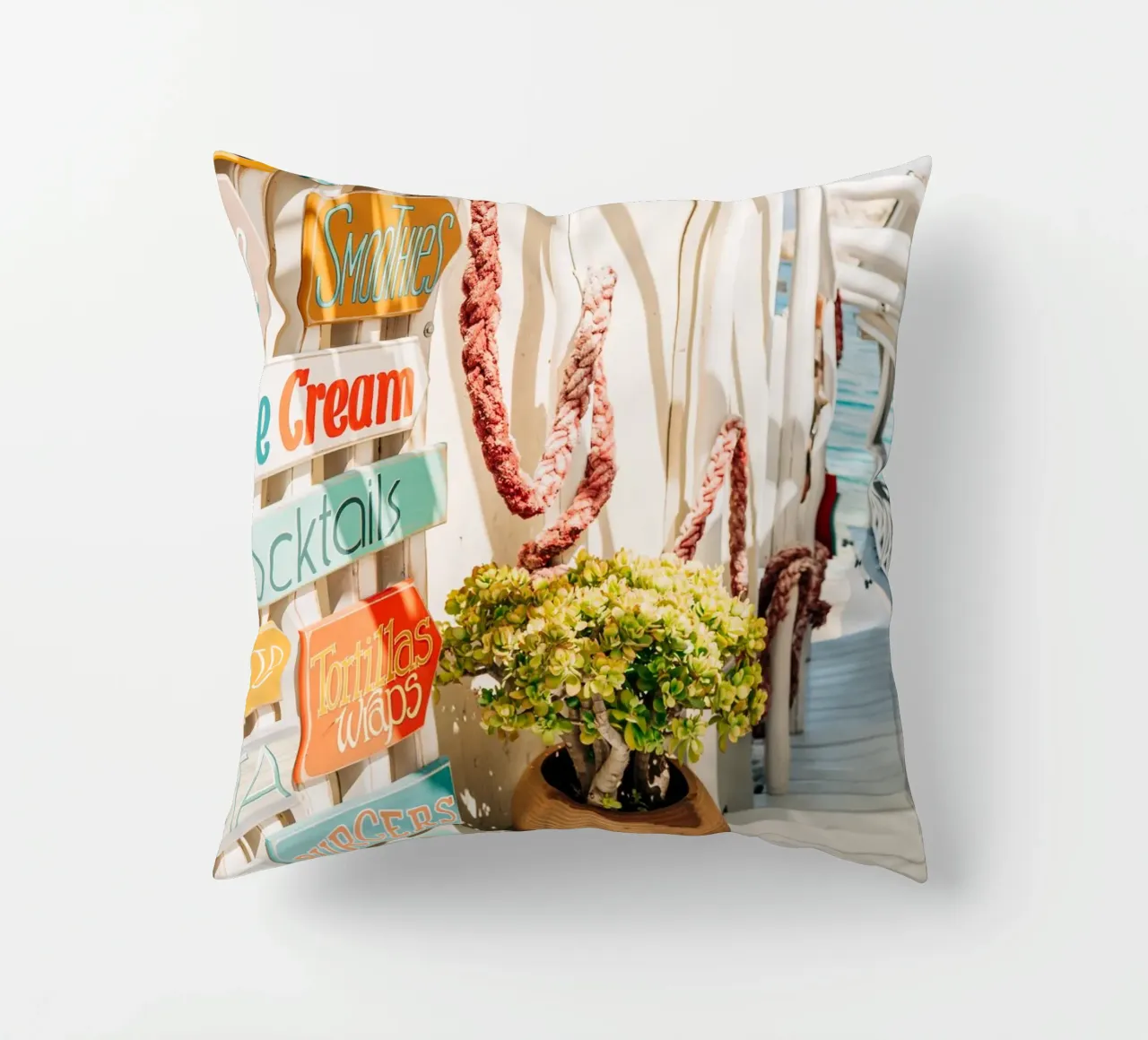 Stairway to the sea with colourful signs - Crete, Greece decorative cushion by Bold and Retro
