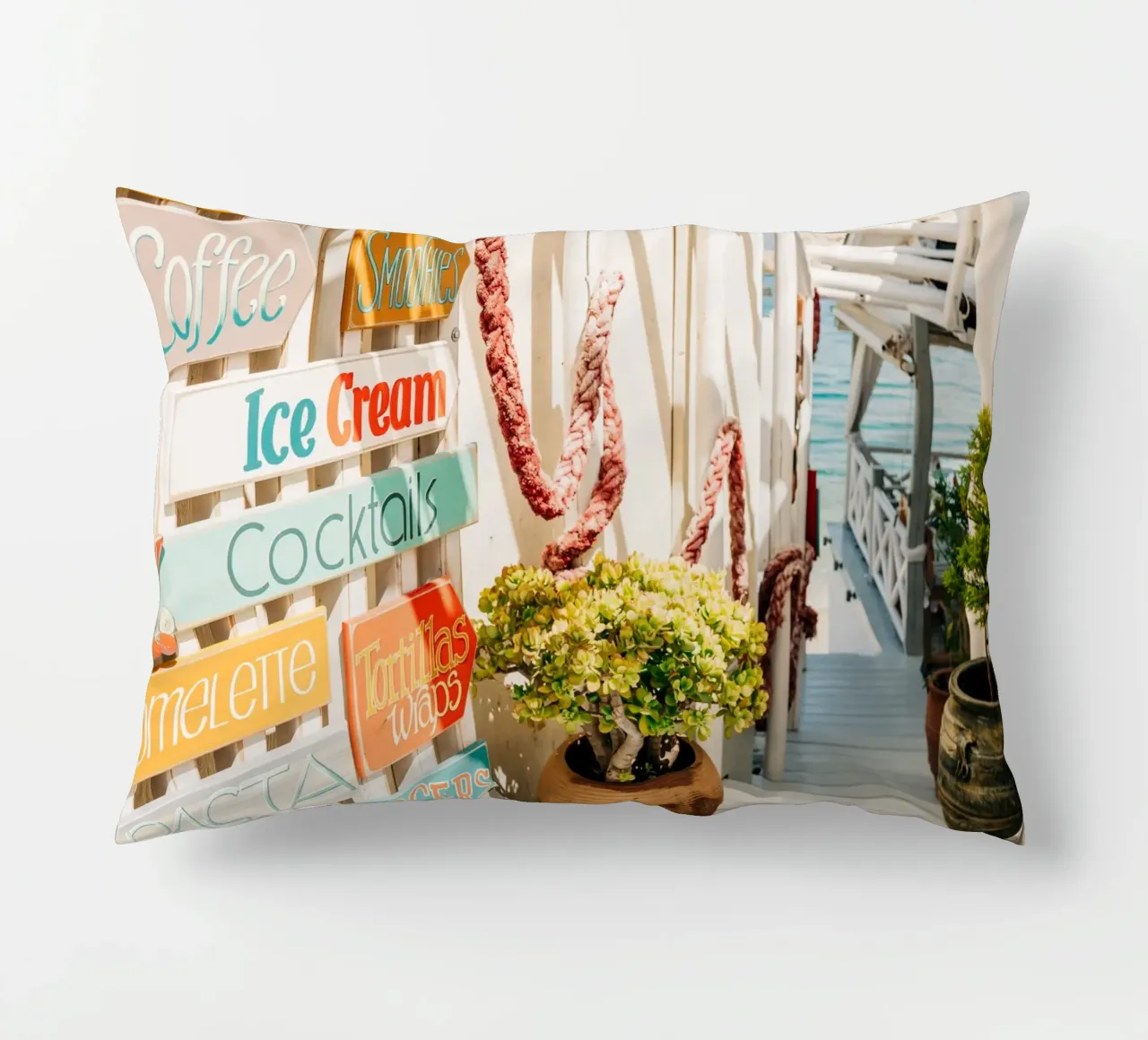 Stairway to the sea with colourful signs - Crete, Greece decorative cushion by Bold and Retro