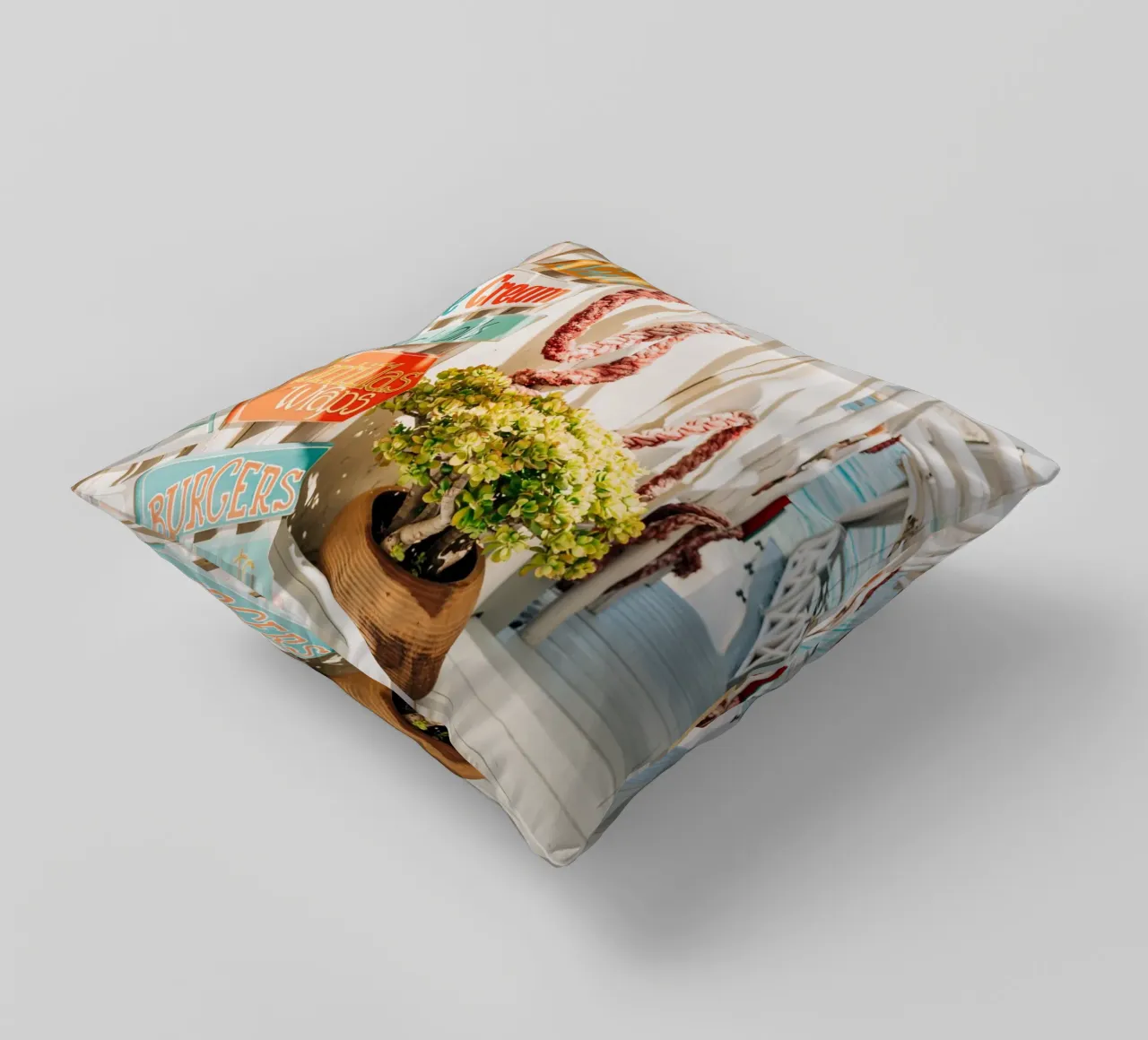 Stairway to the sea with colourful signs - Crete, Greece decorative cushion by Bold and Retro