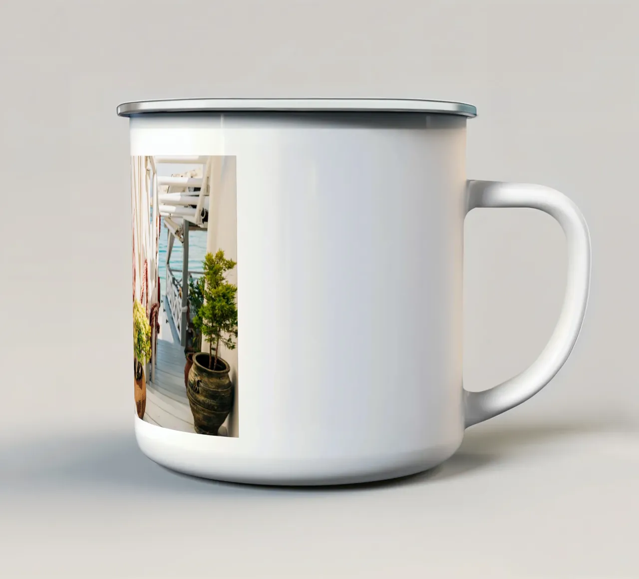 Stairway to the sea with colourful signs - Crete, Greece enamel mug by Bold and Retro