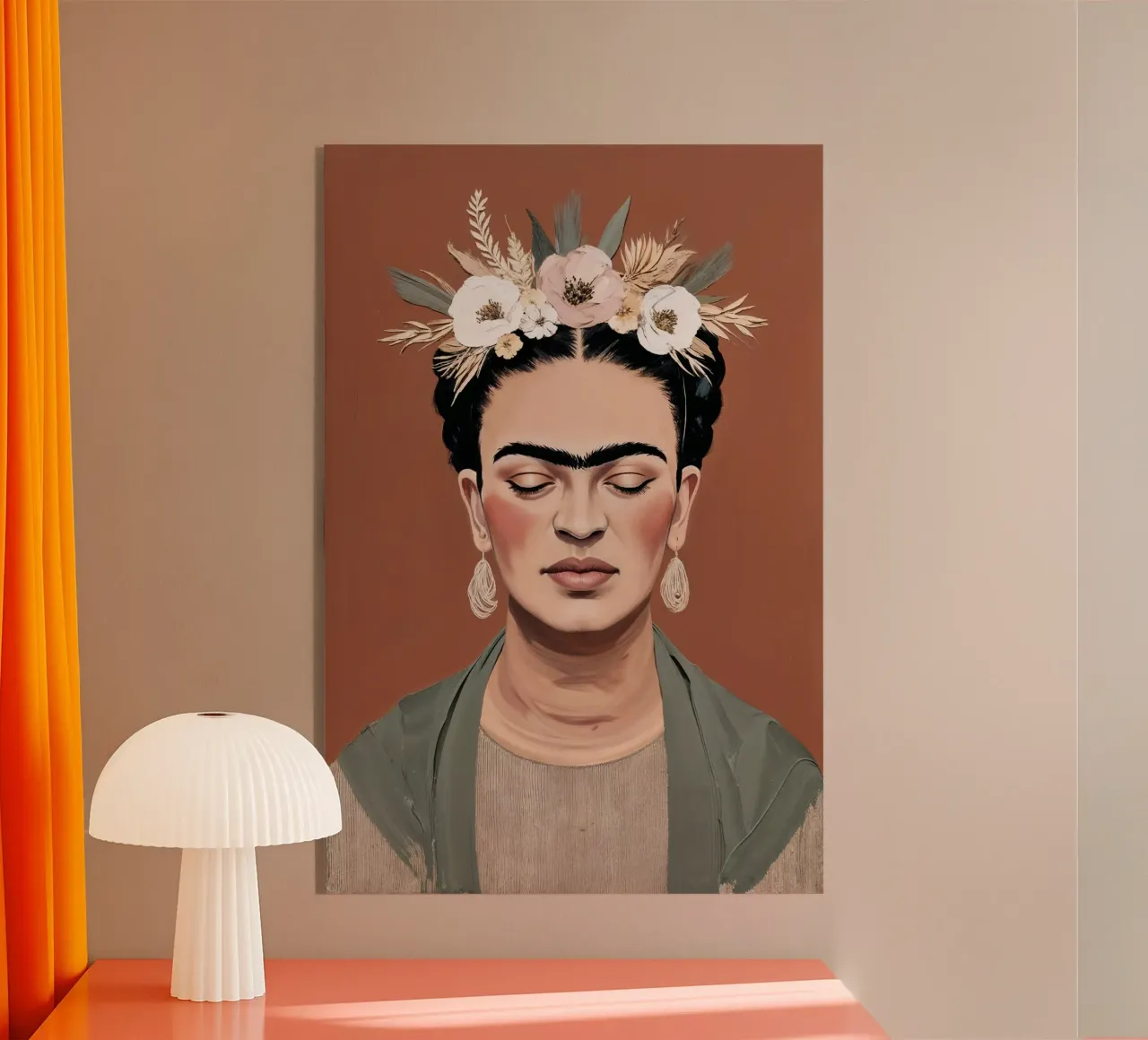 Ritratto di Frida Kahlo con corona floreale, fiore boho testurizzato plexiglass da AlbertKlee