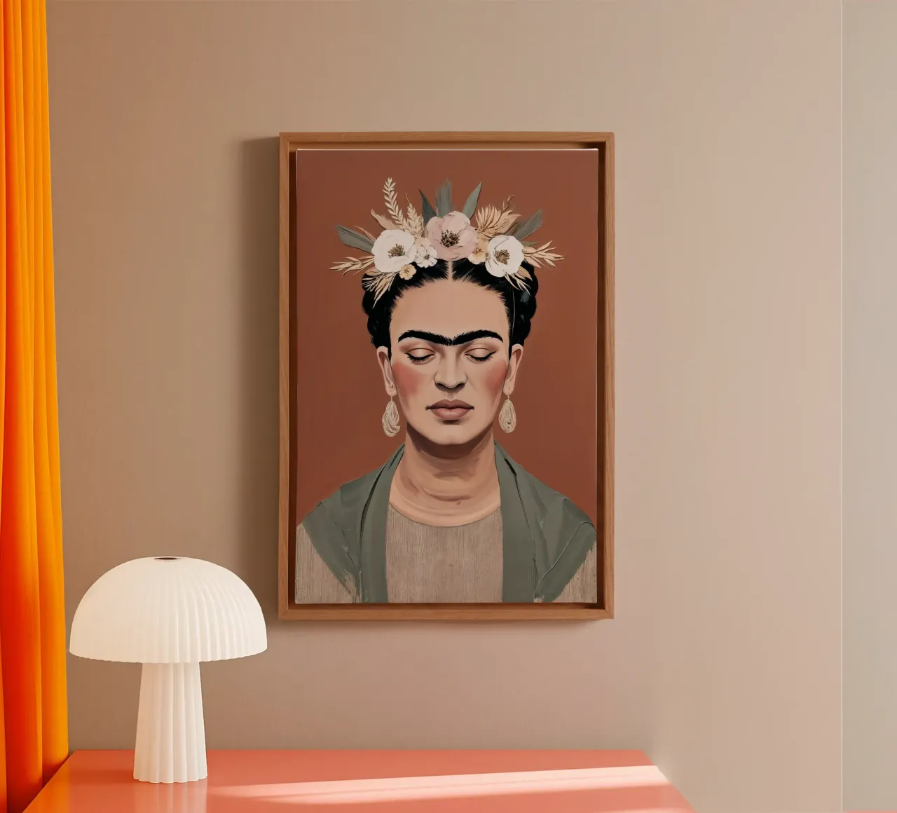 Ritratto di Frida Kahlo con corona floreale, fiore boho testurizzato tela con Cornice a cassetta da AlbertKlee