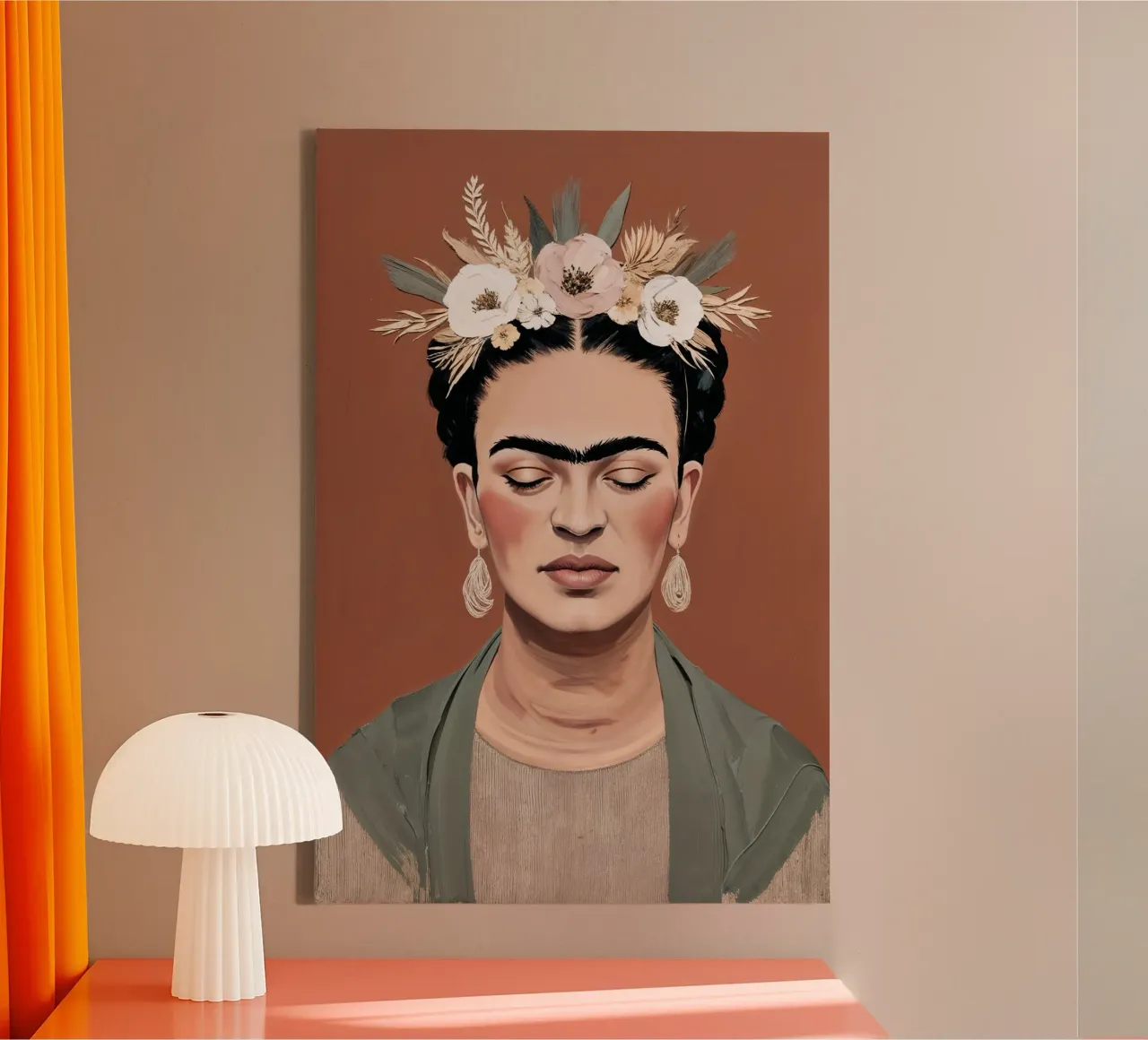 Ritratto di Frida Kahlo con corona floreale, fiore boho testurizzato tela con Cornice a cassetta da AlbertKlee