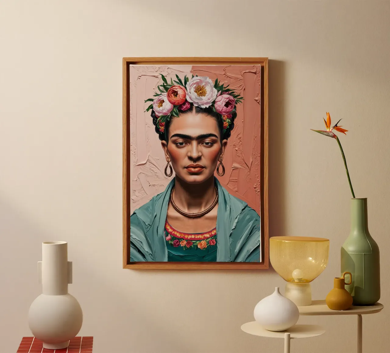 Portret met structuur en bloemenkroon geïnspireerd op Frida Kahlo canvas met Baklijst van AlbertKlee