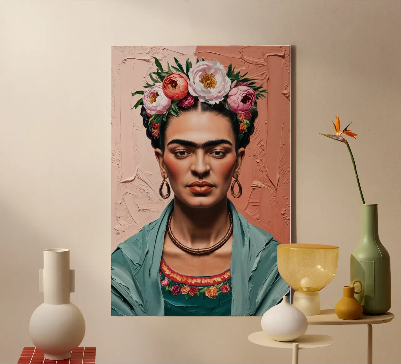 Portret met structuur en bloemenkroon geïnspireerd op Frida Kahlo canvas met Baklijst van AlbertKlee