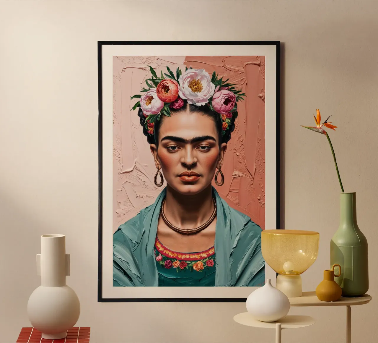Portret met structuur en bloemenkroon geïnspireerd op Frida Kahlo poster met kunststof frame van AlbertKlee