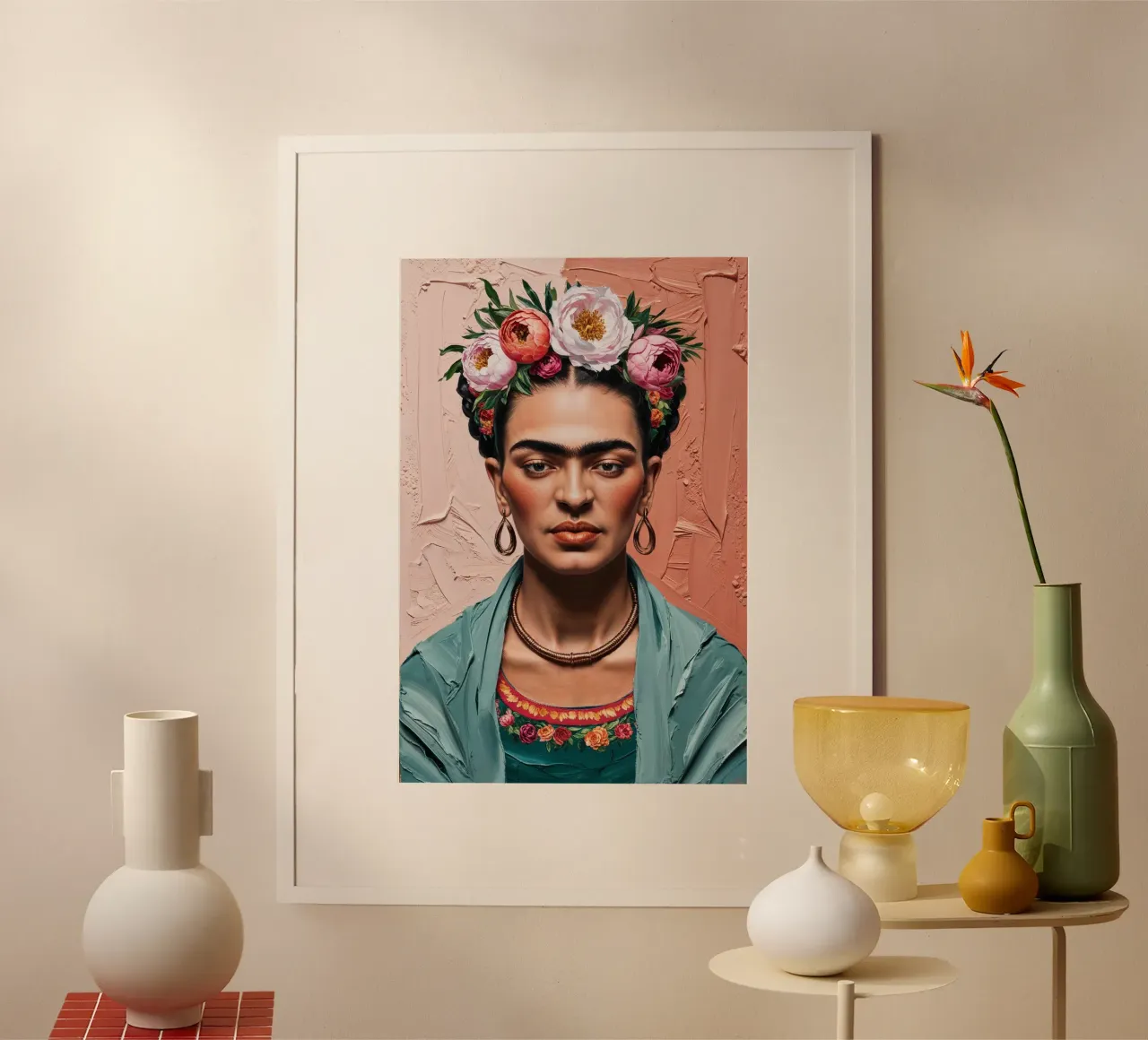Portret met structuur en bloemenkroon geïnspireerd op Frida Kahlo poster met kunststof frame van AlbertKlee