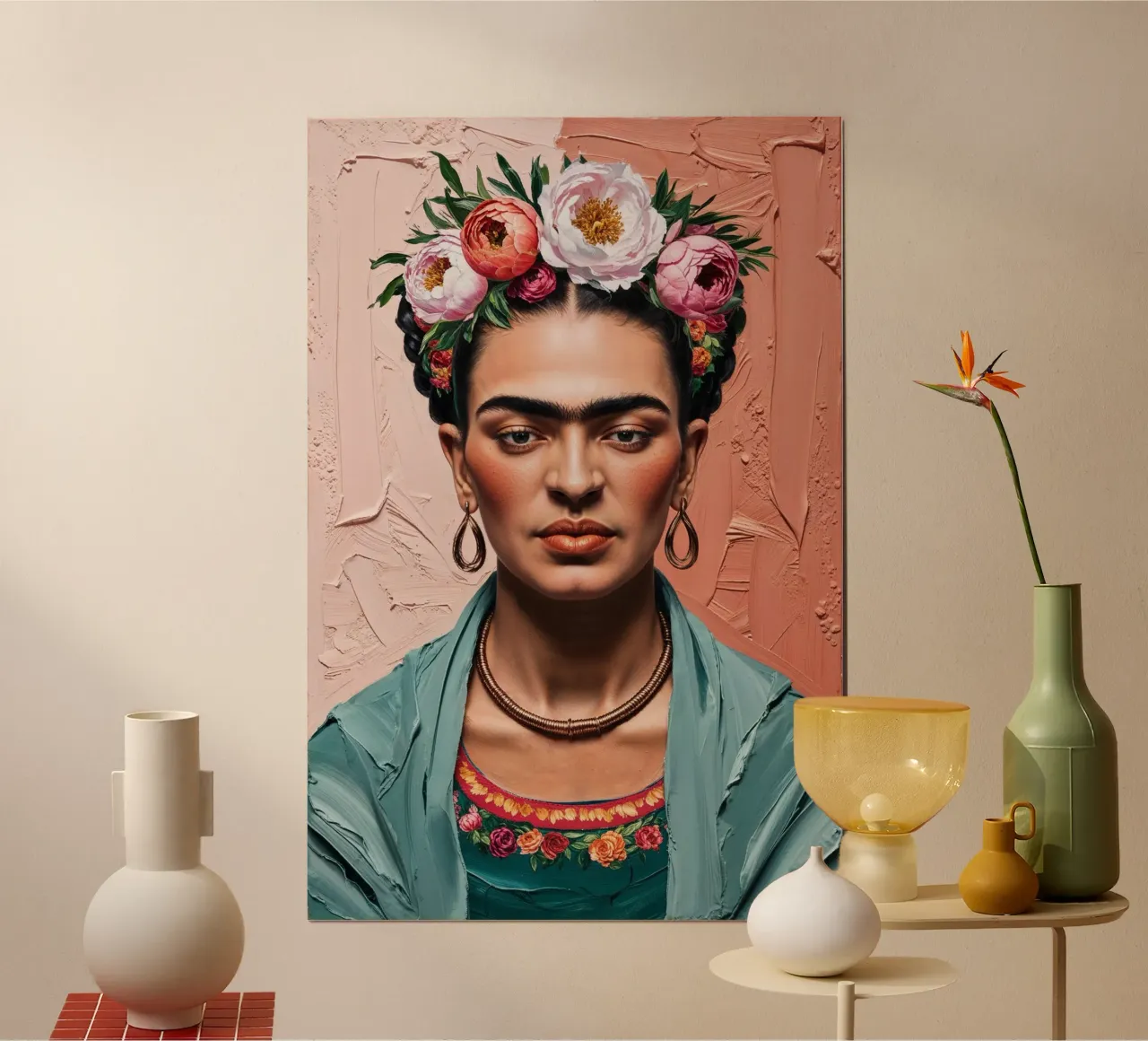 Portret met structuur en bloemenkroon geïnspireerd op Frida Kahlo poster met kunststof frame van AlbertKlee