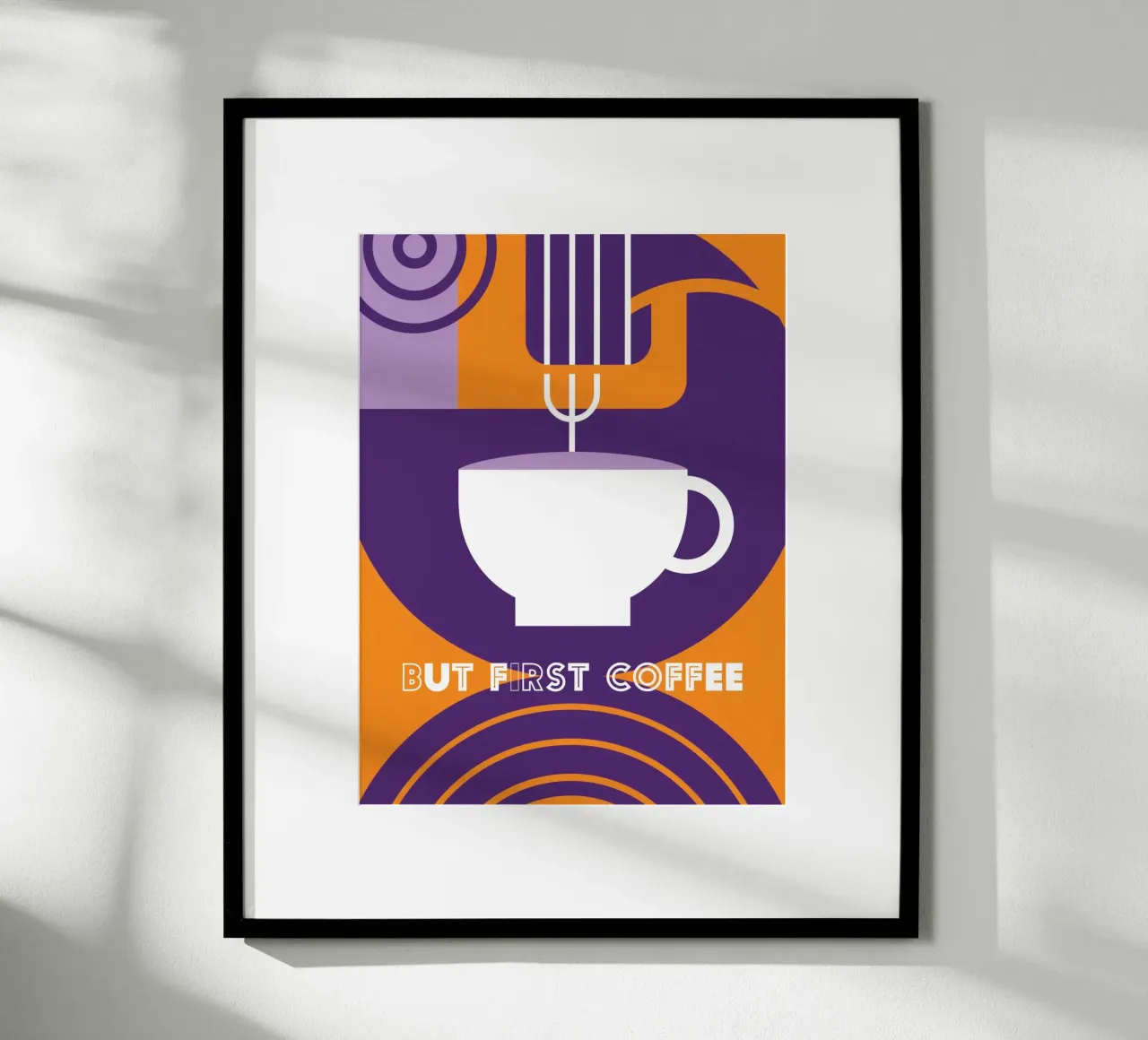 Ma prima il caffè" arte del caffè viola poster con telaio in legno da Carinaprint