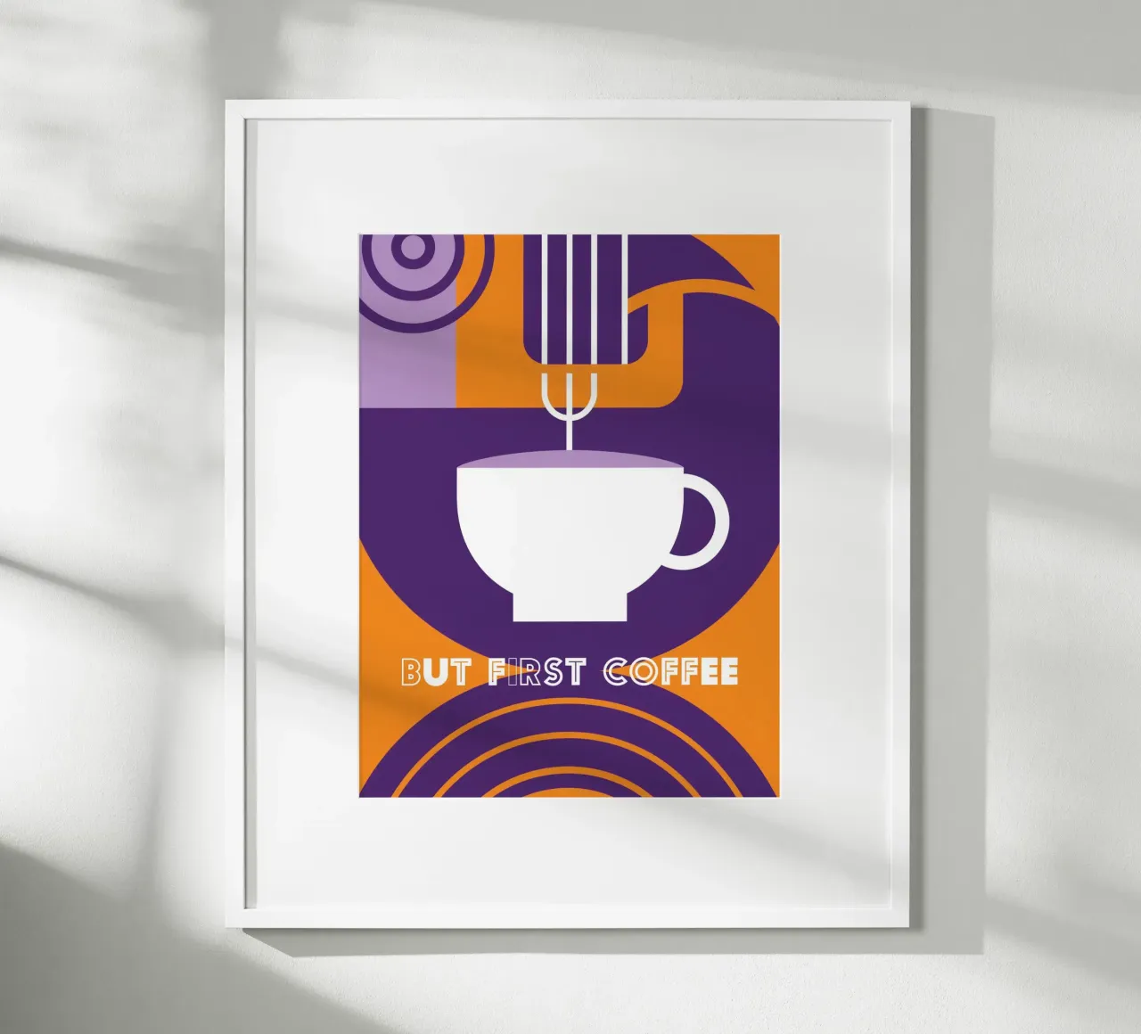 Ma prima il caffè" arte del caffè viola poster con telaio in legno da Carinaprint