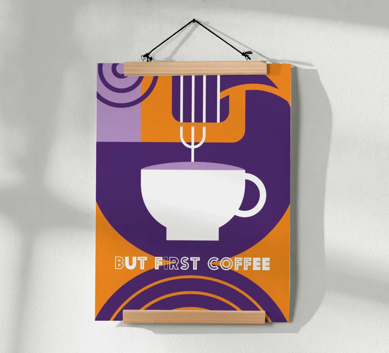 Ma prima il caffè" arte del caffè viola poster con telaio in legno da Carinaprint