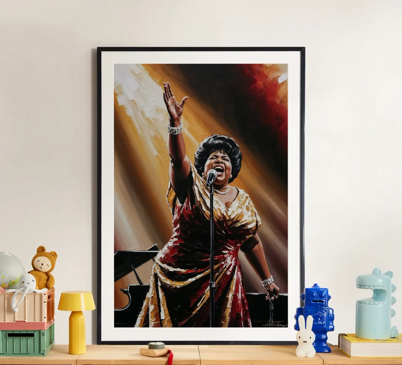 Aretha Franklin, ritratto testurizzato, arte della regina dell'anima poster con telaio in plastica da AlbertKlee