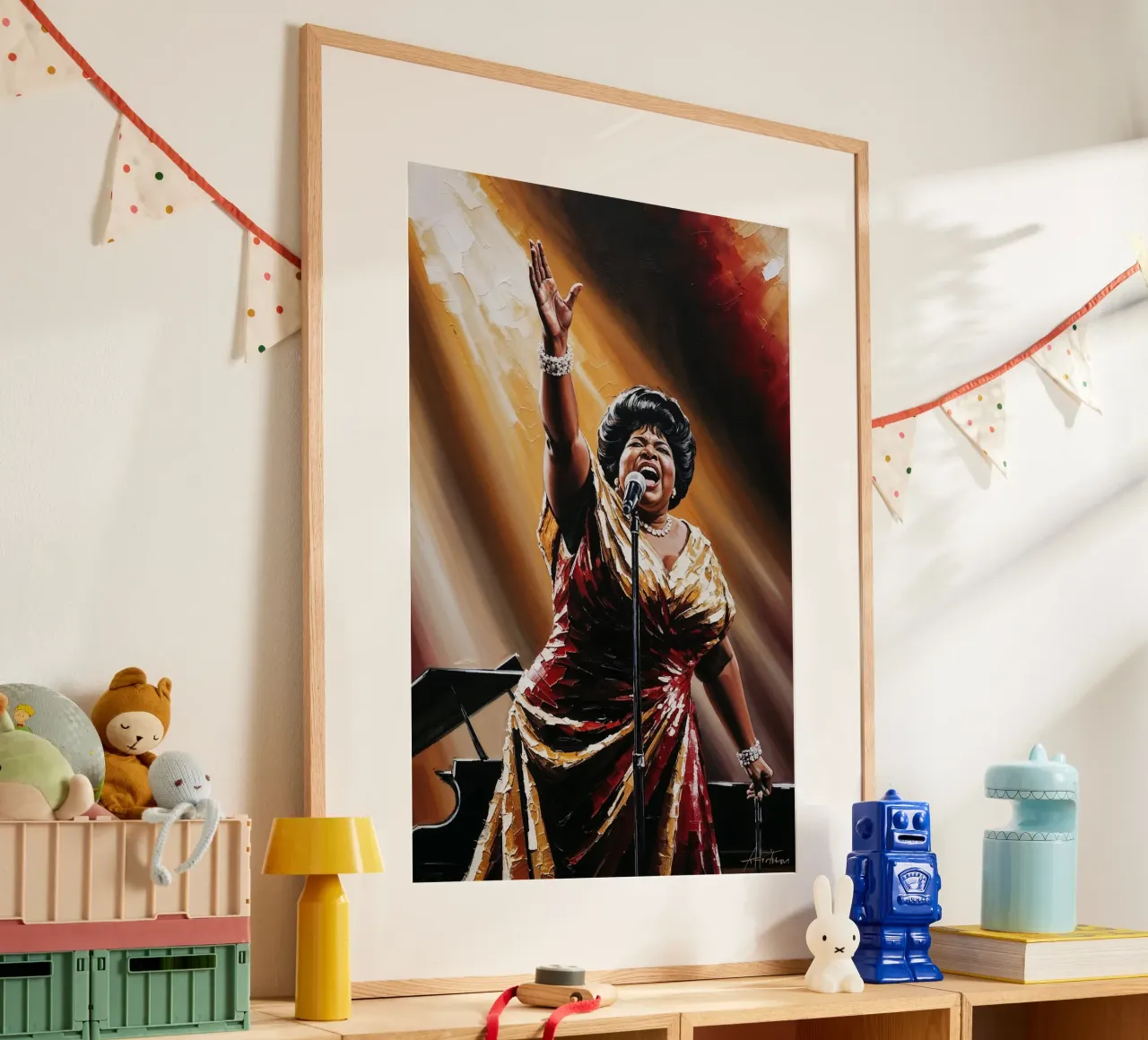 Aretha Franklin, ritratto testurizzato, arte della regina dell'anima poster con telaio in plastica da AlbertKlee