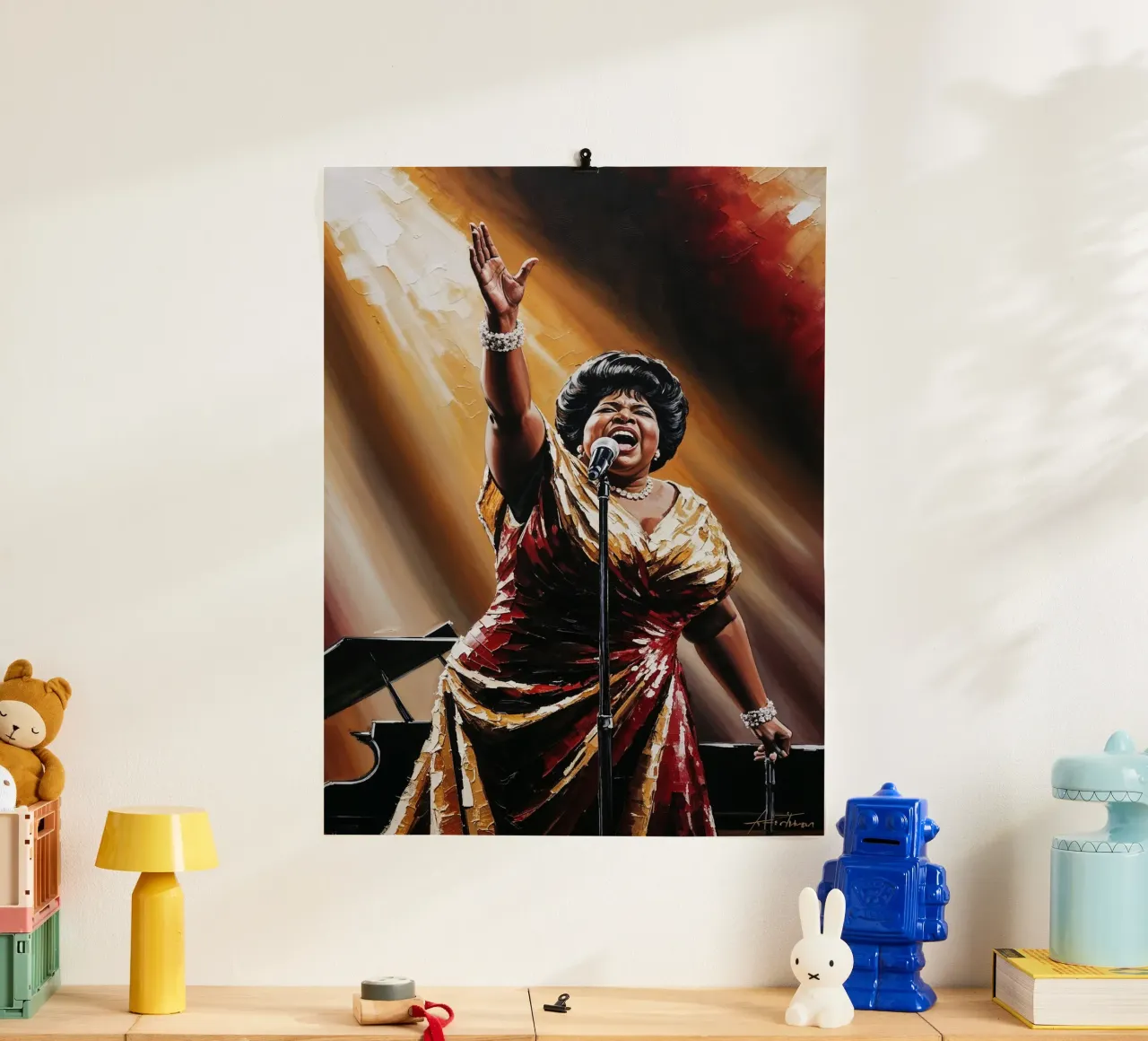 Aretha Franklin, ritratto testurizzato, arte della regina dell'anima poster con telaio in plastica da AlbertKlee
