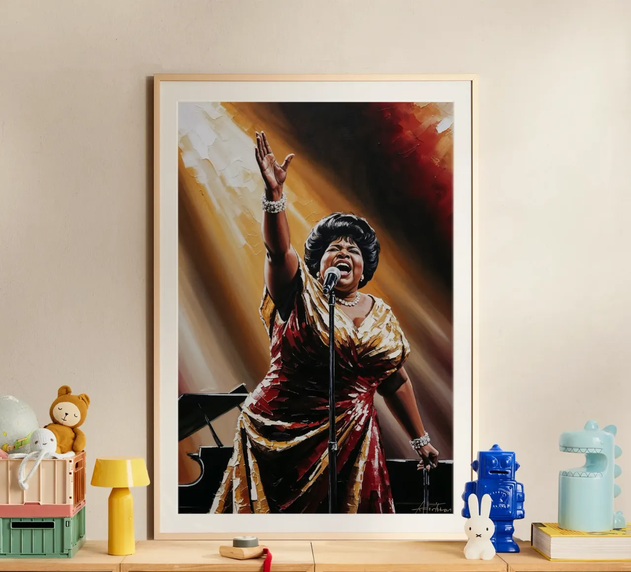 Aretha Franklin, ritratto testurizzato, arte della regina dell'anima poster con telaio in plastica da AlbertKlee