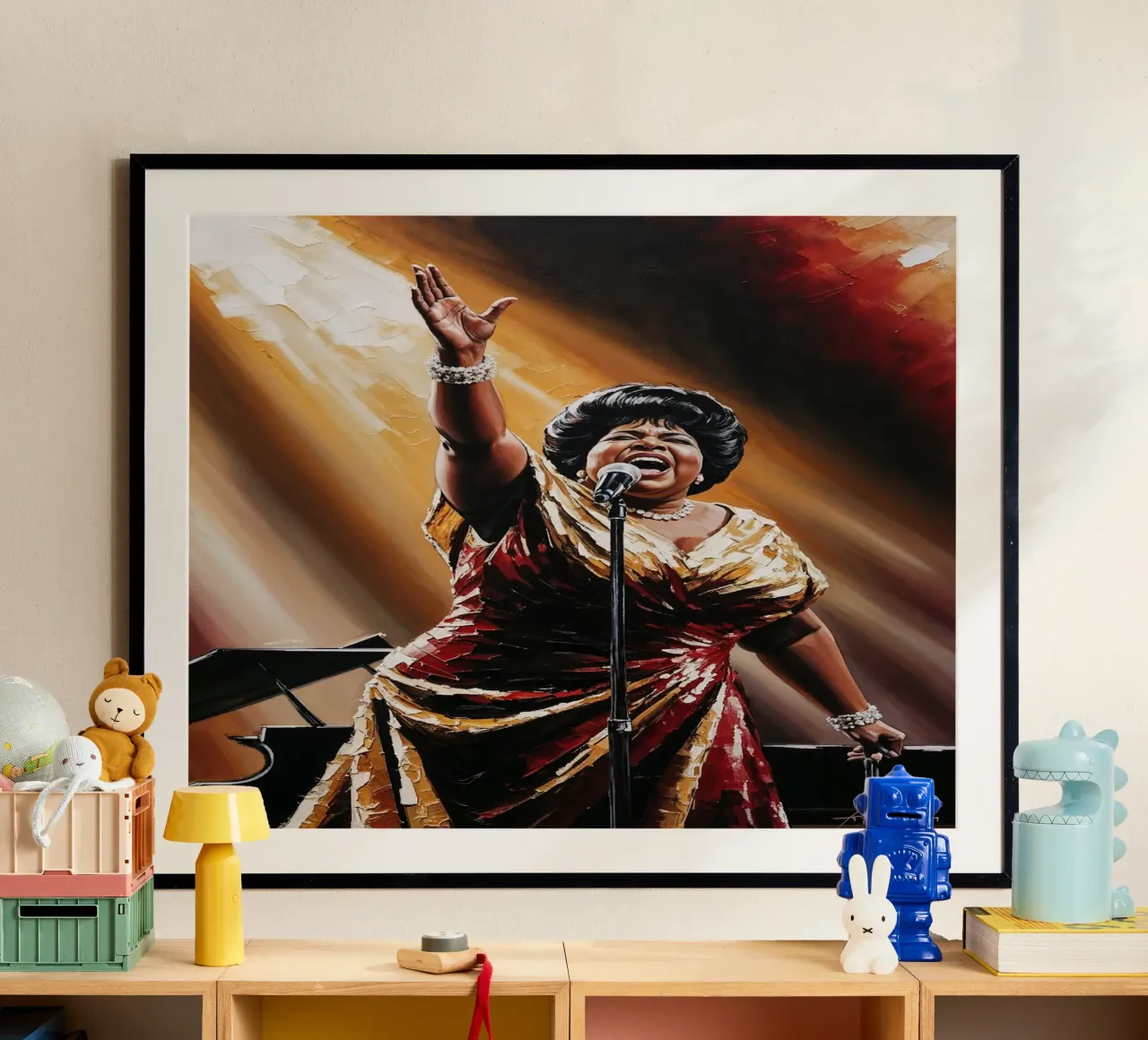 Aretha Franklin, ritratto testurizzato, arte della regina dell'anima poster con telaio in plastica da AlbertKlee