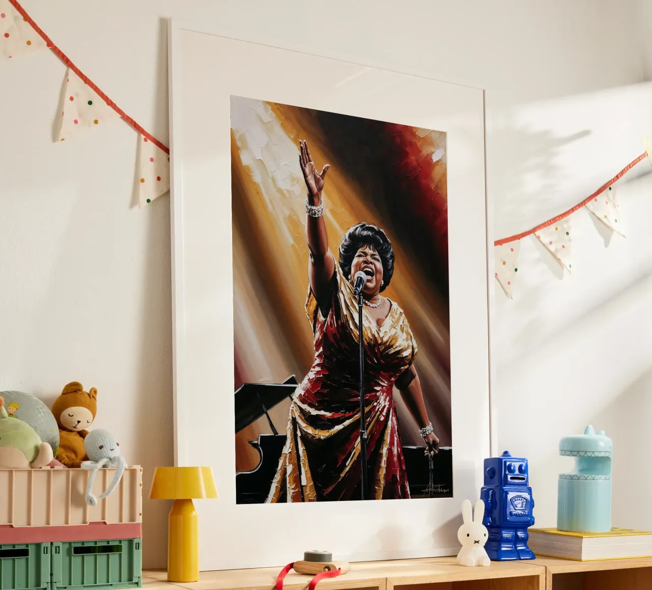 Aretha Franklin, ritratto testurizzato, arte della regina dell'anima poster con telaio in plastica da AlbertKlee