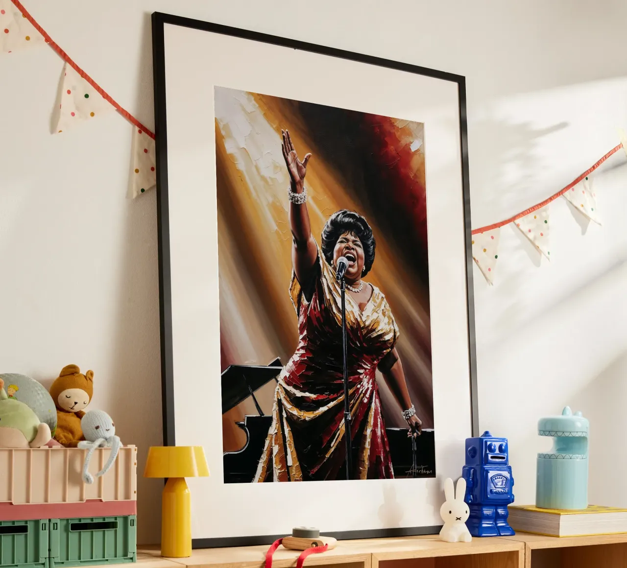 Aretha Franklin, ritratto testurizzato, arte della regina dell'anima poster con telaio in plastica da AlbertKlee