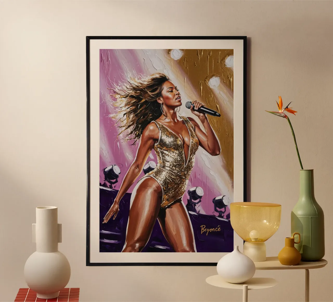 Ritratto testurizzato di Beyoncé, icona della regina del pop poster con telaio in plastica da AlbertKlee