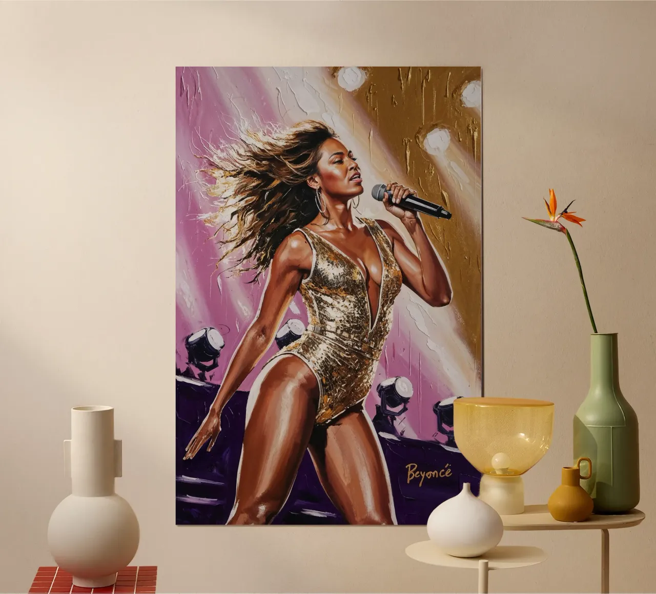 Ritratto testurizzato di Beyoncé, icona della regina del pop poster con telaio in plastica da AlbertKlee