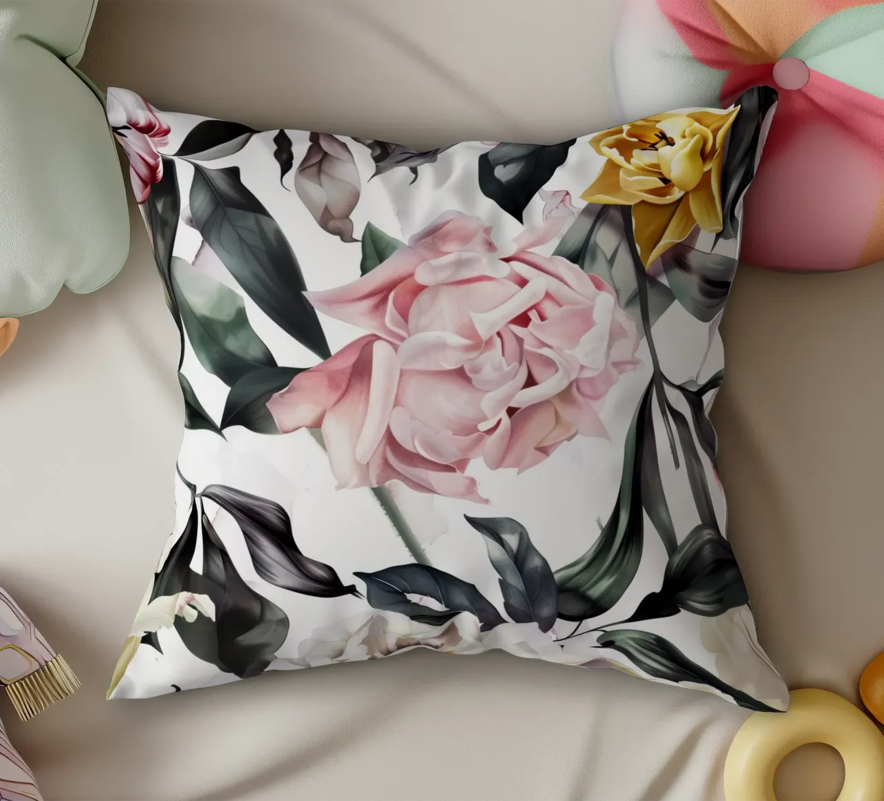 Natura peonie fiori e foglie acquerello arte cuscino da Justyna Jaszke JBJart