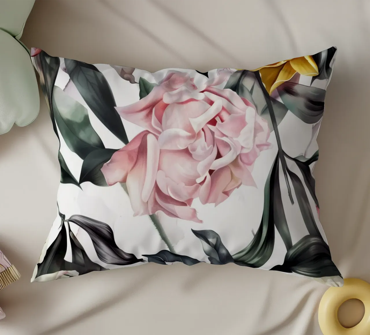 Natura peonie fiori e foglie acquerello arte cuscino da Justyna Jaszke JBJart
