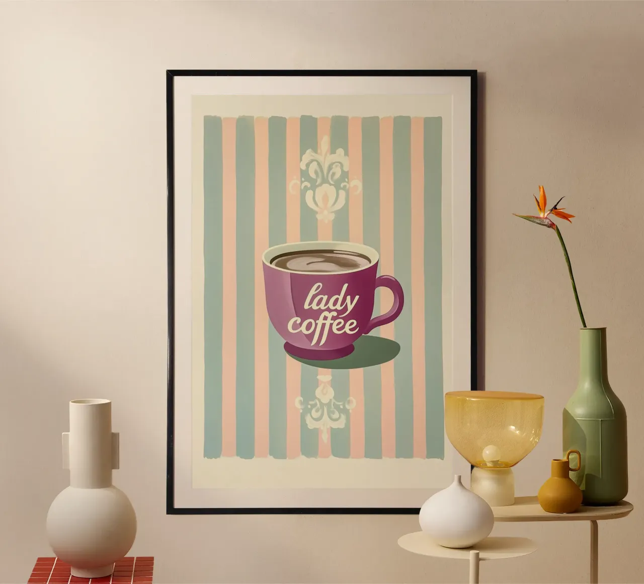 "Lady Coffee", charme retrò poster con telaio in plastica da Carinaprint