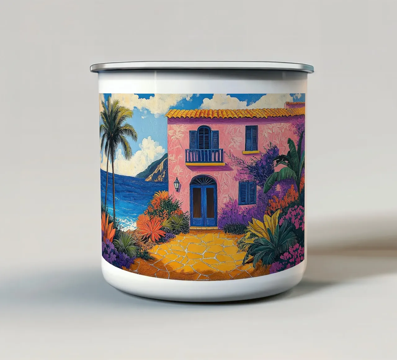 Breath of Fresh Color emaille mok van Nikis Art Studio