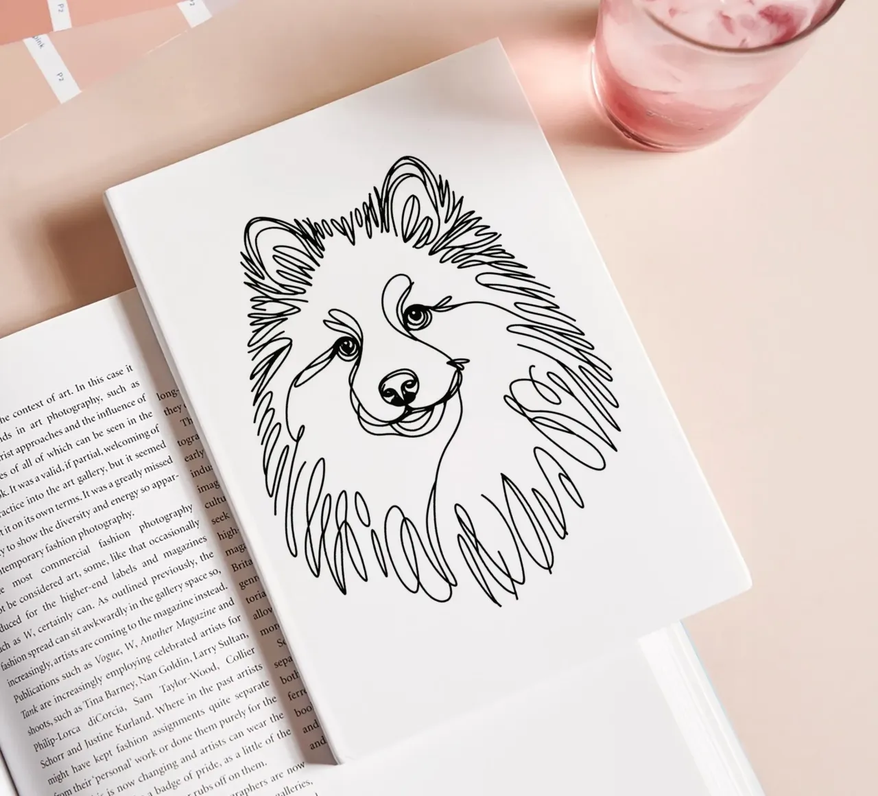 Chien Pomsky Dessin au trait carnet de notes de WijdevenDesign