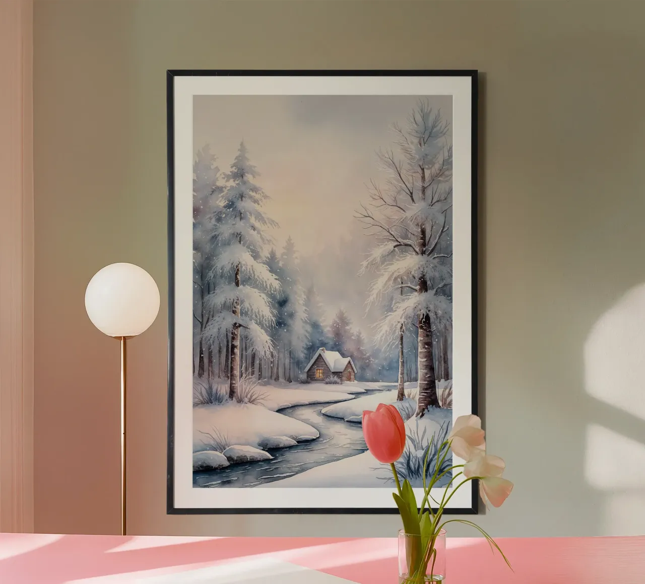 Cabaña de invierno, serena escena de bosque nevado - Arte de Pared poster de AlbertKlee