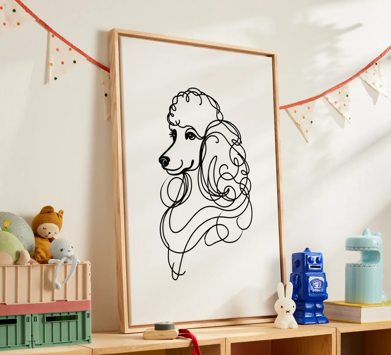 Pudel Hund Line Art Zeichnung Leinwand mit Schattenfugenrahmen von WijdevenDesign