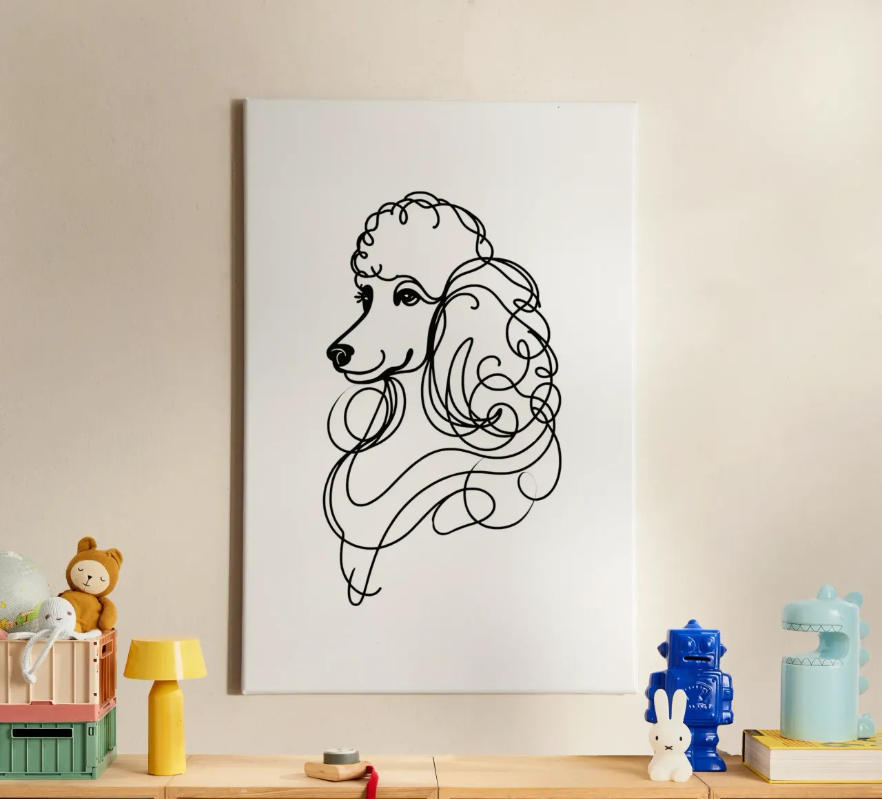 Pudel Hund Line Art Zeichnung Leinwand mit Schattenfugenrahmen von WijdevenDesign