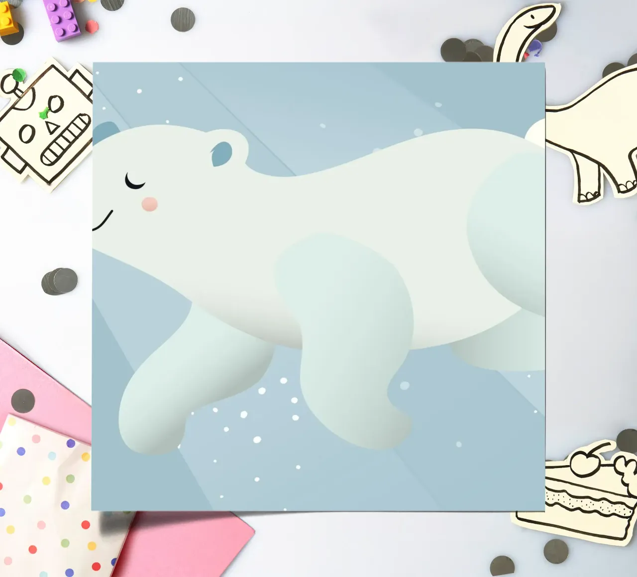 Design d'un ours polaire nageant dans des tons bleus doux planche autocollant de namosh