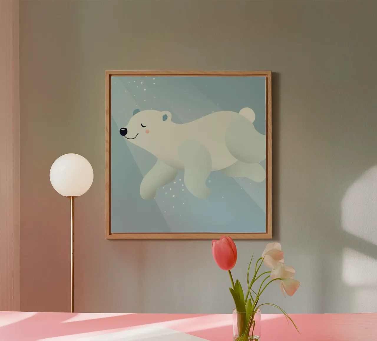 Design of a swimming polar bear in soft blue tones alu-dibond by namosh