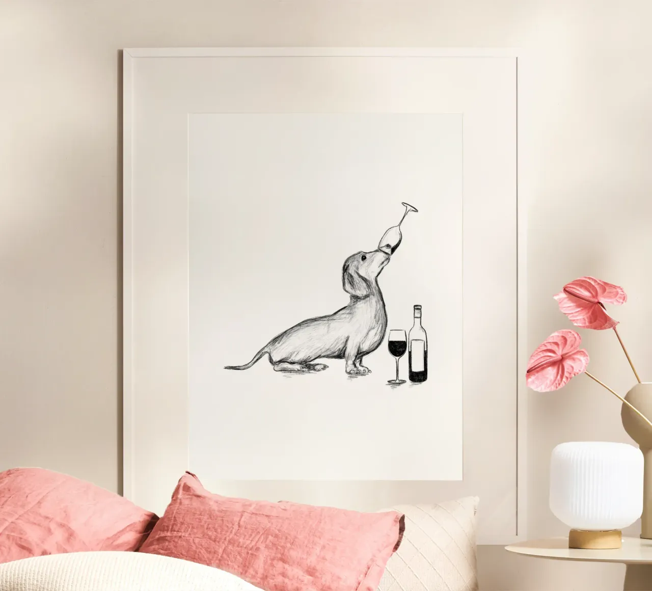 Dachshund and Wine Drawing hahnemühle de Nina May Art