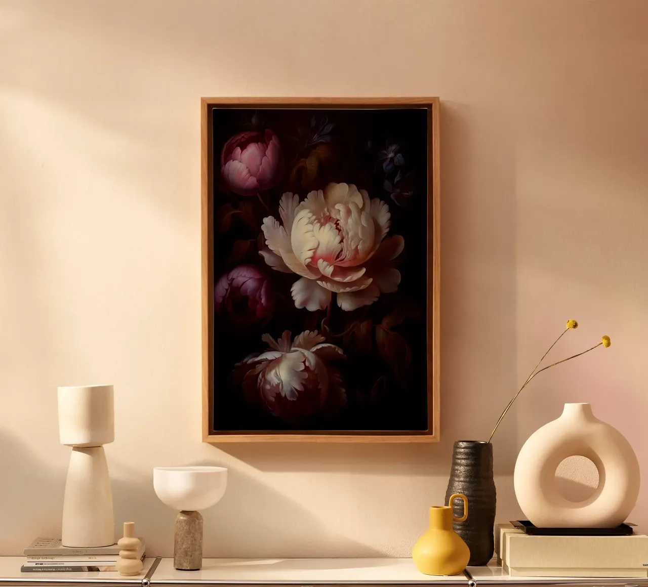 Moody pintado a mano místico ramos de peonías de la vendimia lienzo con Marco flotante de Flower Garden - Uta Naumann