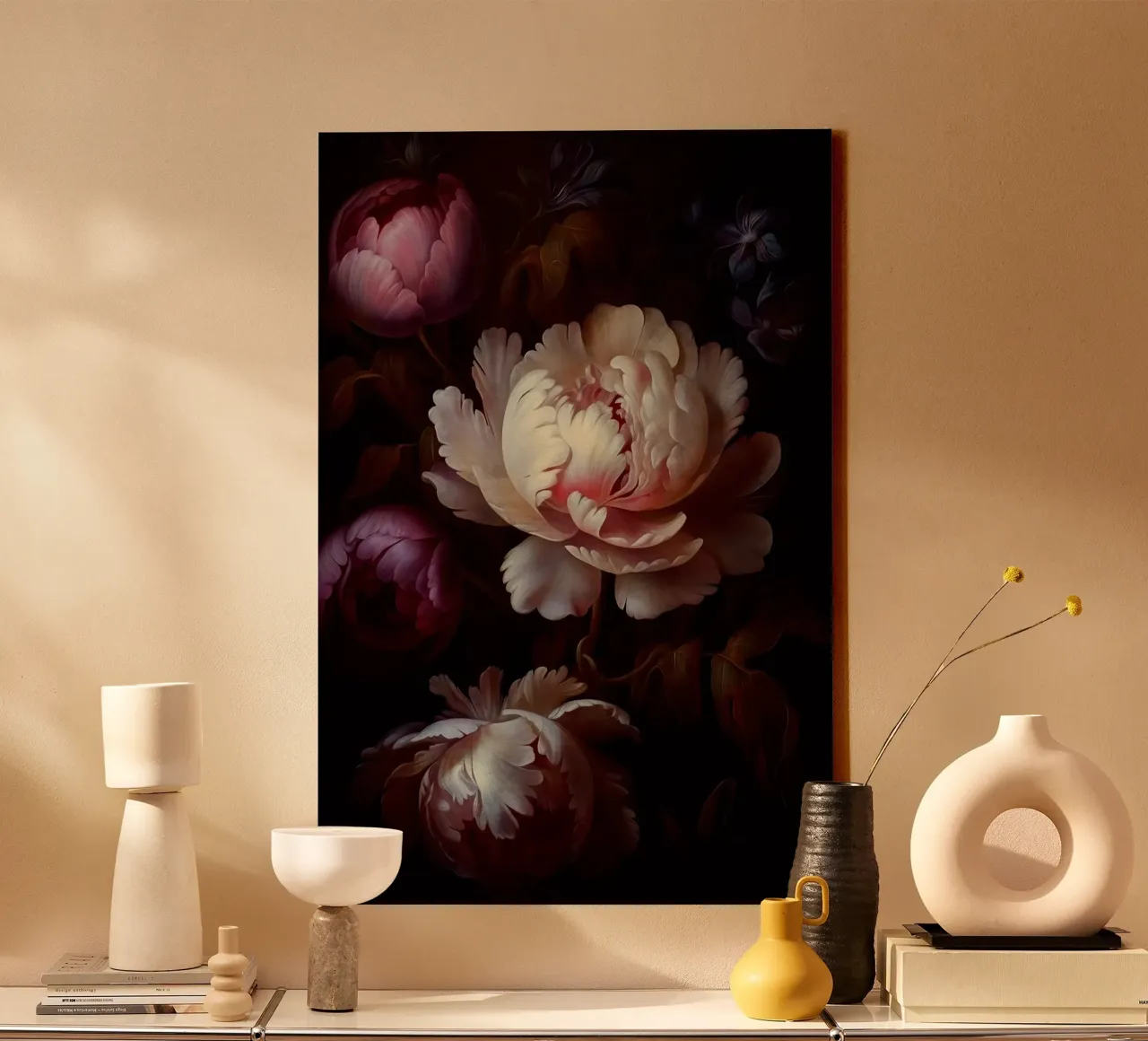 Moody pintado a mano místico ramos de peonías de la vendimia lienzo con Marco flotante de Flower Garden - Uta Naumann